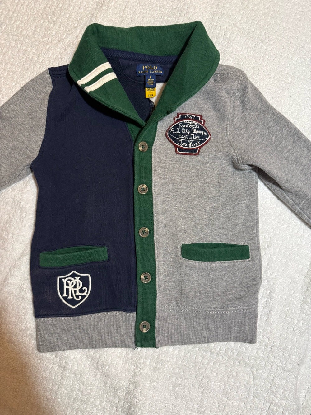 Polo Ralph Lauren Boys Colorblock Shawl Cardigan Size 6 Varsity Sweater EUC
